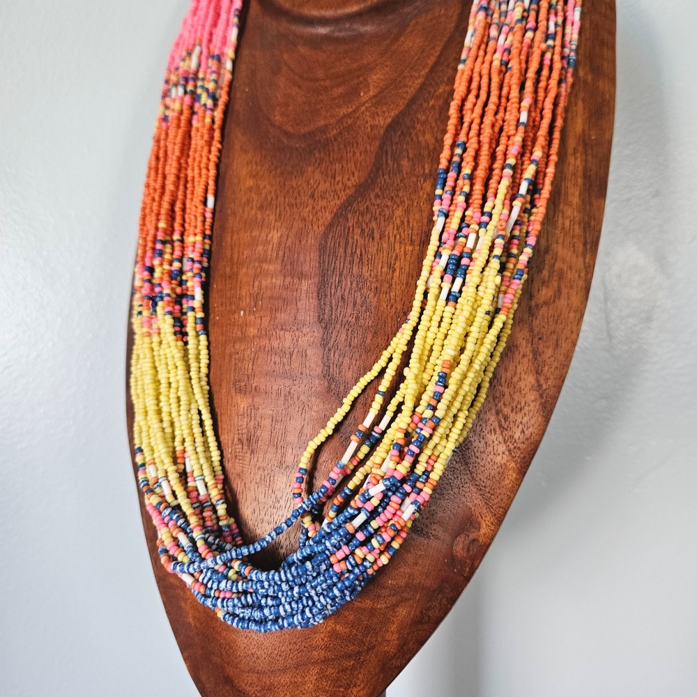 Multistrand Ombre Seed Bead Necklace Pink Orange Yellow Blue Statement Boho